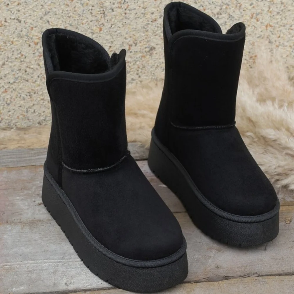 Platform Classic Short Boot Plush Faux Fur Vegan Suede Chunky Lug Winter Shoes